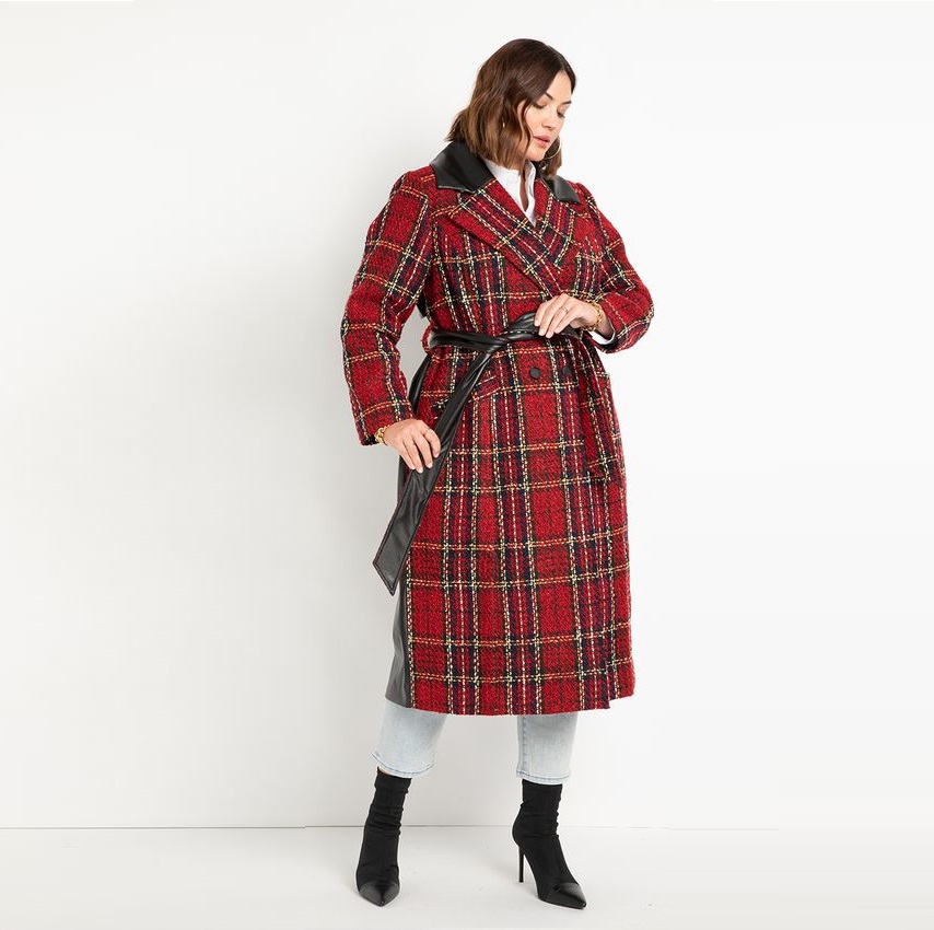 Faux Leather and Plaid Coat